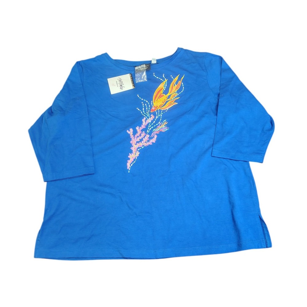 NWT Blue Graphic 3/4 Sleeve Shirt top Tunic‎ Under the Sea Fish Art 1x